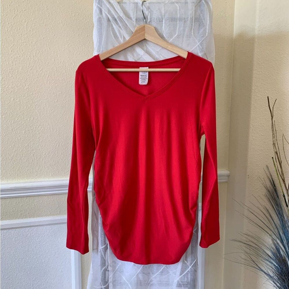 Bright Red Maternity V-Neck Slouchy Tee Long Sleeve